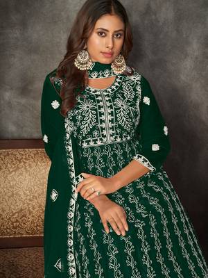 Green Embroidered Work Net Semi Stitched Pant Party Wear Salwar Suit 3