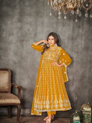 Mustard Embroidered Work Net Semi Stitched Pant Party Wear Salwar Suit 1