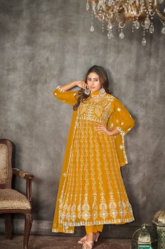 Mustard Embroidered Work Net Semi Stitched Pant Party Wear Salwar Suit