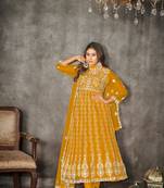 Mustard Embroidered Work Net Semi Stitched Pant Party Wear Salwar Suit