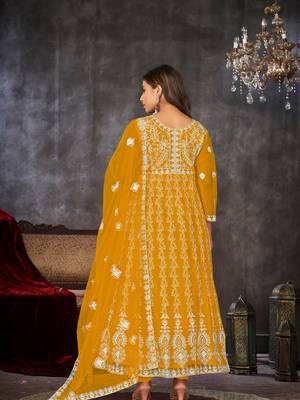 Mustard Embroidered Work Net Semi Stitched Pant Party Wear Salwar Suit 2
