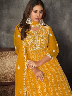 Mustard Embroidered Work Net Semi Stitched Pant Party Wear Salwar Suit 3