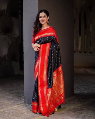 Black Red Woven silk Saree With Blouse 1