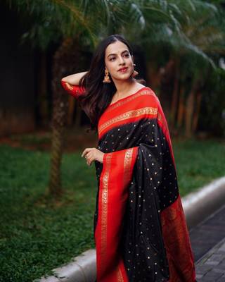 Black Red Woven silk Saree With Blouse 3