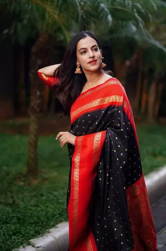 Black Red Woven silk Saree With Blouse