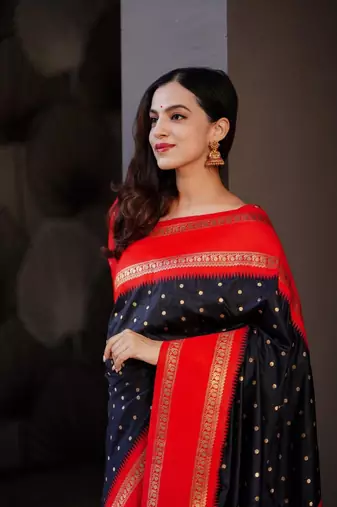 Black Red Woven silk Saree With Blouse