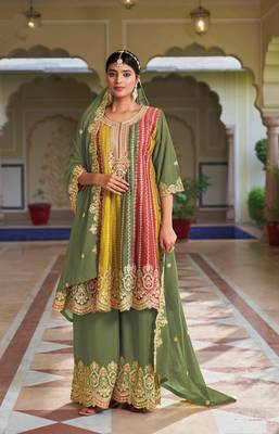 Green Embroidered Work Chinon Semi Stitched  Party Wear Salwar Suit With Stitched Sharara 1