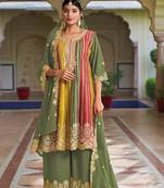 Green Embroidered Work Chinon Semi Stitched  Party Wear Salwar Suit With Stitched Sharara