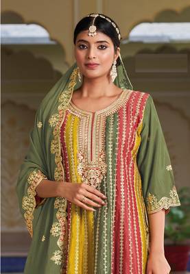 Green Embroidered Work Chinon Semi Stitched  Party Wear Salwar Suit With Stitched Sharara 2