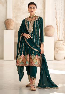 Green Embroidered Work Silk Semi Stitched  Party Wear Salwar Suit With Free Size Pant 1