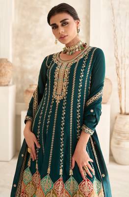 Green Embroidered Work Silk Semi Stitched  Party Wear Salwar Suit With Free Size Pant 2