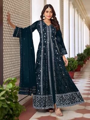 Teal Blue Sequence Thread Embroidered Work Faux Georgette Semi Stitched Pant Party Wear Salwar Suit 1