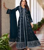 Teal Blue Sequence Thread Embroidered Work Faux Georgette Semi Stitched Pant Party Wear Salwar Suit