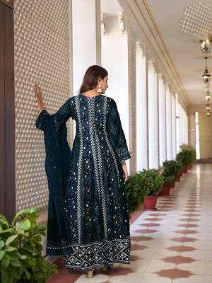 Teal Blue Sequence Thread Embroidered Work Faux Georgette Semi Stitched Pant Party Wear Salwar Suit 2