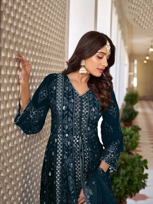 Teal Blue Sequence Thread Embroidered Work Faux Georgette Semi Stitched Pant Party Wear Salwar Suit 3