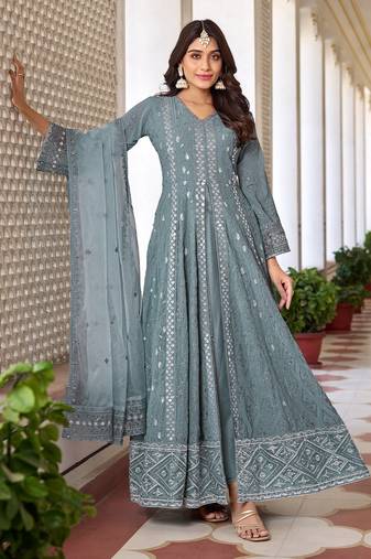 Grey Sequence Thread Embroidered Work Faux Georgette Semi Stitched Pant Party Wear Salwar Suit