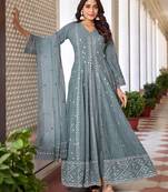 Grey Sequence Thread Embroidered Work Faux Georgette Semi Stitched Pant Party Wear Salwar Suit