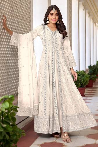 White Sequence Thread Embroidered Work Faux Georgette Semi Stitched Pant Party Wear Salwar Suit