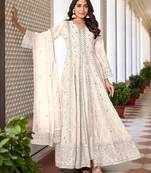 White Sequence Thread Embroidered Work Faux Georgette Semi Stitched Pant Party Wear Salwar Suit