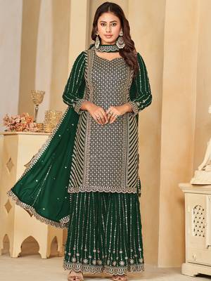 Green Sequence  Embroidered Work Faux Georgette Semi Stitched Palazoo Party Wear Salwar Suit 1