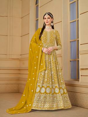 Mustard Codding Embroidered Work Faux Georgette Semi Stitched Pant Party Wear Salwar Suit 1