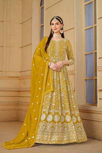 Mustard Codding Embroidered Work Faux Georgette Semi Stitched Pant Party Wear Salwar Suit
