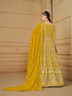 Mustard Codding Embroidered Work Faux Georgette Semi Stitched Pant Party Wear Salwar Suit 2