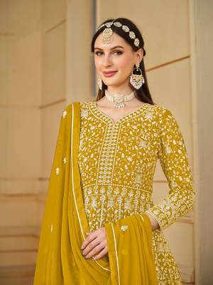 Mustard Codding Embroidered Work Faux Georgette Semi Stitched Pant Party Wear Salwar Suit 3