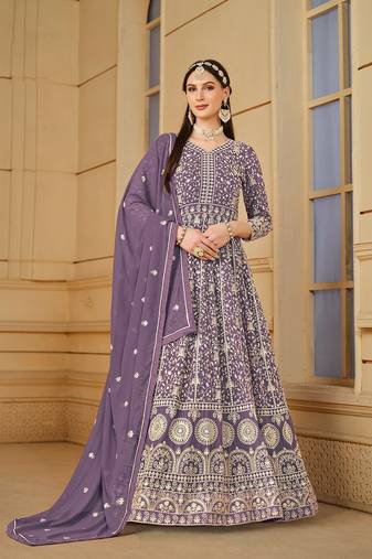 Purple Codding Embroidered Work Faux Georgette Semi Stitched Pant Party Wear Salwar Suit