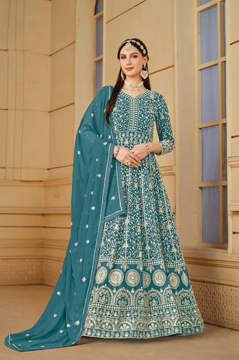 Teal Blue Codding Embroidered Work Faux Georgette Semi Stitched Pant Party Wear Salwar Suit