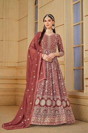Brown Codding Embroidered Work Faux Georgette Semi Stitched Pant Party Wear Salwar Suit