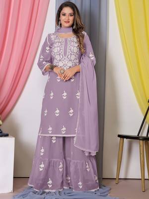 Purple Thread Embroidery Work Bamber Georgette Semi Stitched Sharara Party Wear Salwar Suit 1
