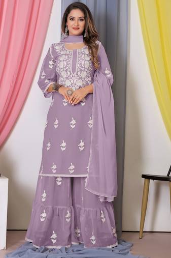 Purple Thread Embroidery Work Bamber Georgette Semi Stitched Sharara Party Wear Salwar Suit