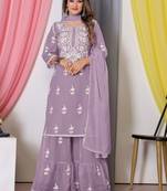 Purple Thread Embroidery Work Bamber Georgette Semi Stitched Sharara Party Wear Salwar Suit