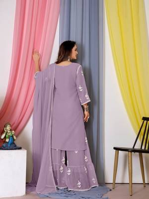 Purple Thread Embroidery Work Bamber Georgette Semi Stitched Sharara Party Wear Salwar Suit 2
