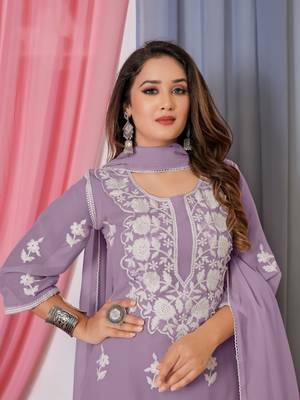 Purple Thread Embroidery Work Bamber Georgette Semi Stitched Sharara Party Wear Salwar Suit 3
