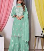 Sea Green Thread Embroidery Work Bamber Georgette Semi Stitched Sharara Party Wear Salwar Suit