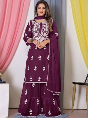 Wine Thread Embroidery Work Bamber Georgette Semi Stitched Sharara Party Wear Salwar Suit 1