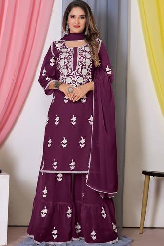 Wine Thread Embroidery Work Bamber Georgette Semi Stitched Sharara Party Wear Salwar Suit