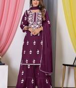 Wine Thread Embroidery Work Bamber Georgette Semi Stitched Sharara Party Wear Salwar Suit