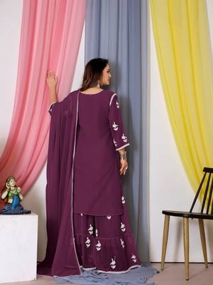 Wine Thread Embroidery Work Bamber Georgette Semi Stitched Sharara Party Wear Salwar Suit 2