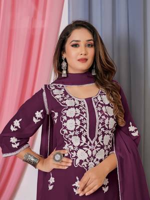 Wine Thread Embroidery Work Bamber Georgette Semi Stitched Sharara Party Wear Salwar Suit 3
