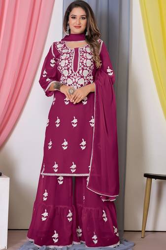 Pink Thread Embroidery Work Bamber Georgette Semi Stitched Sharara Party Wear Salwar Suit