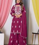 Pink Thread Embroidery Work Bamber Georgette Semi Stitched Sharara Party Wear Salwar Suit
