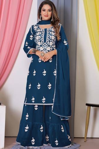 Blue Thread Embroidery Work Bamber Georgette Semi Stitched Sharara Party Wear Salwar Suit