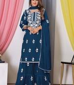Blue Thread Embroidery Work Bamber Georgette Semi Stitched Sharara Party Wear Salwar Suit