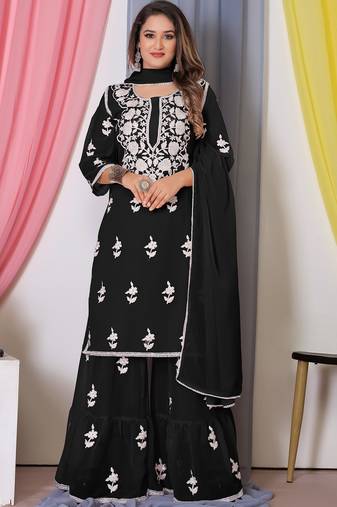 Black Thread Embroidery Work Bamber Georgette Semi Stitched Sharara Party Wear Salwar Suit