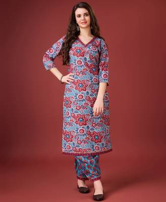  blue cotton floral print kurta with afghani salwar 1