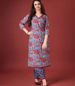  blue cotton floral print kurta with afghani salwar