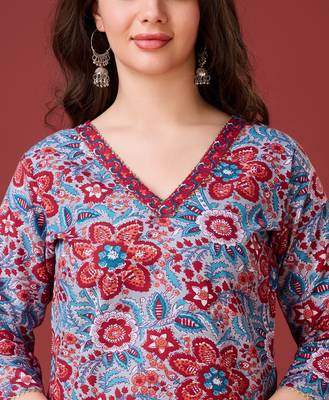  blue cotton floral print kurta with afghani salwar 2